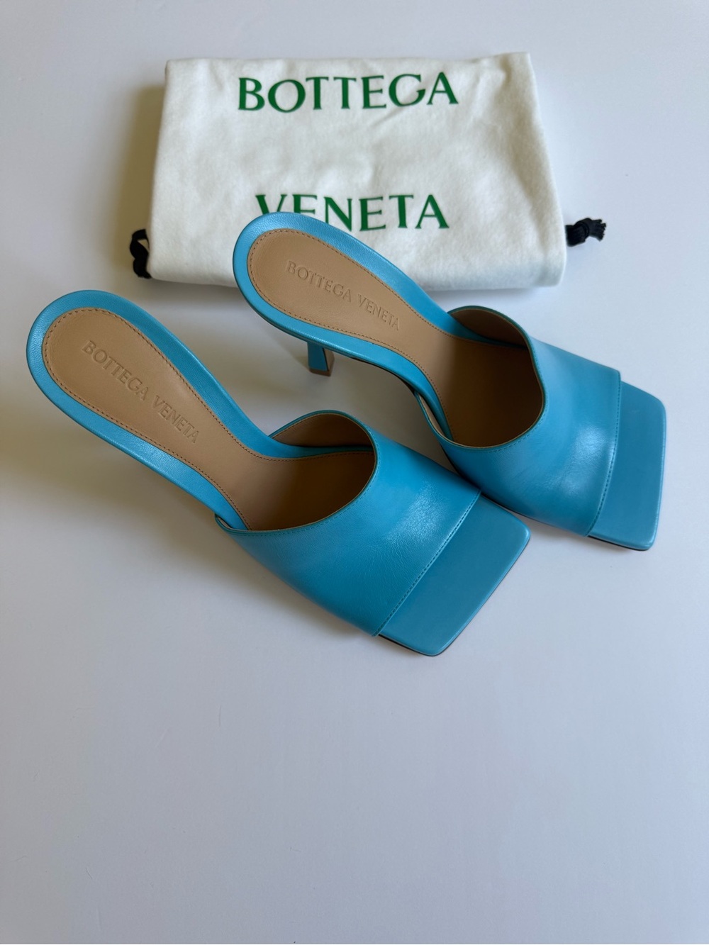 Bottega Veneta Blue Leather Square Toe Mule Heels Size 38